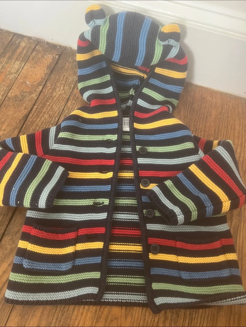 GAP Striped Hooded Knit Cardigan - Black with Red, Yellow, Blue, Green, Gray